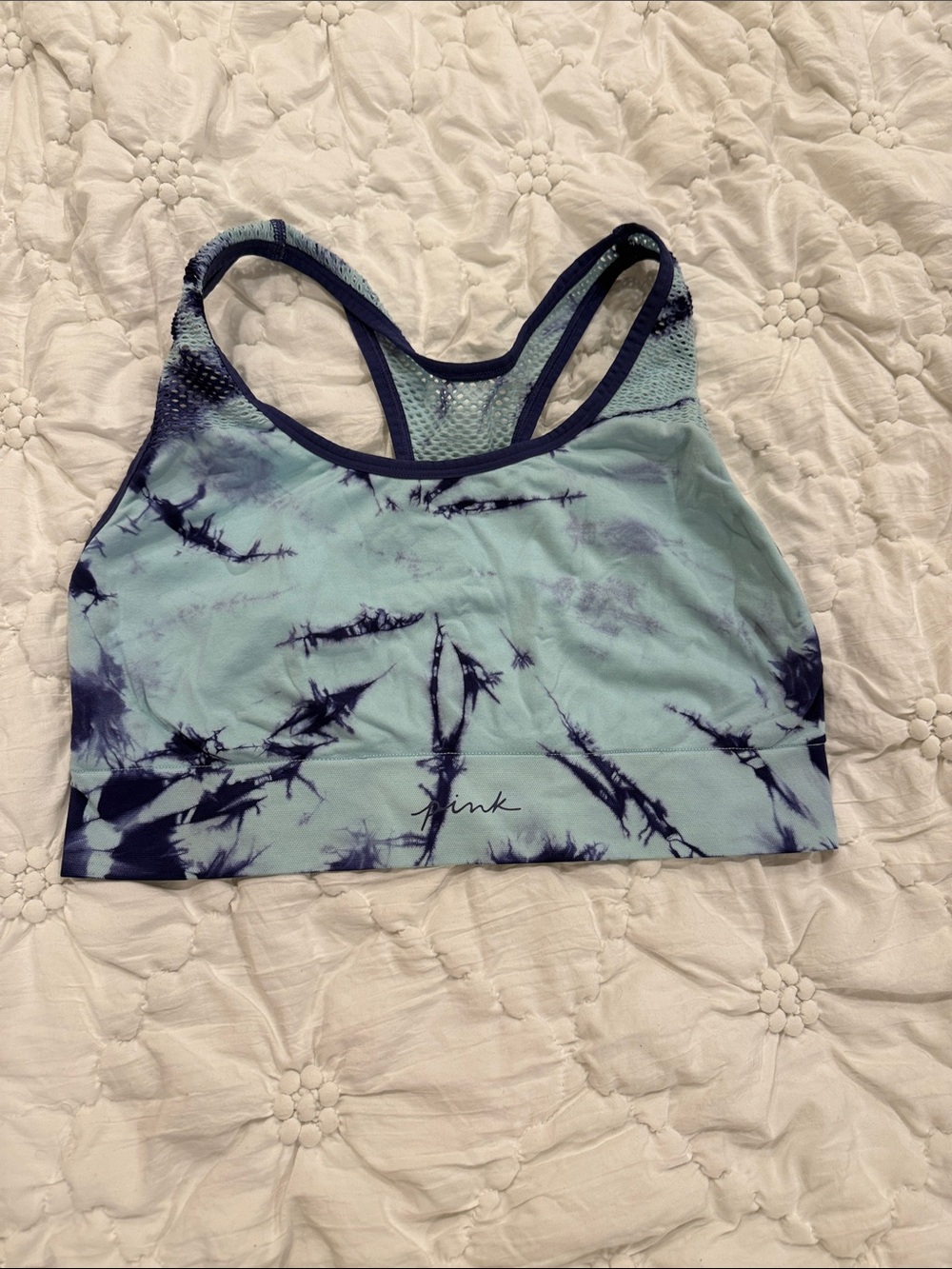 PINK Victoria's Secret Mint Tie-Dye Racerback Sports Bra with Navy Accents